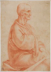 Vanha mies istuu sivulta katsottuna, c. 1495 (verta paperille)
